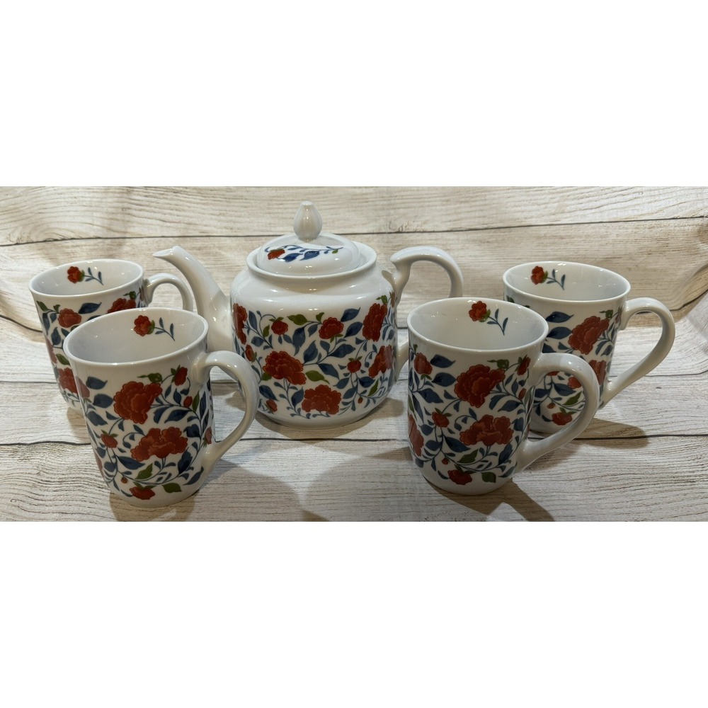 Counterpoint San Francisco Red Clover Blue Green Leaves Porcelain 6 pc Tea Set